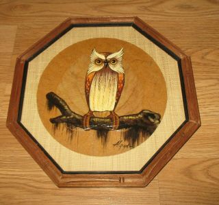 Vintage Mid Century Modern Owl Picture/ Wall Art In Geometric Frame - Signed