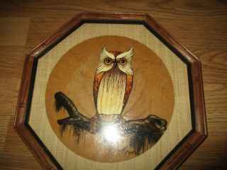 VINTAGE MID CENTURY MODERN OWL PICTURE/ WALL ART IN GEOMETRIC FRAME - SIGNED 2
