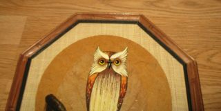 VINTAGE MID CENTURY MODERN OWL PICTURE/ WALL ART IN GEOMETRIC FRAME - SIGNED 3