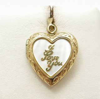 Vintage 14k Yellow Gold Mother Of Pearl I Love You Heart Shaped Locket Pendant