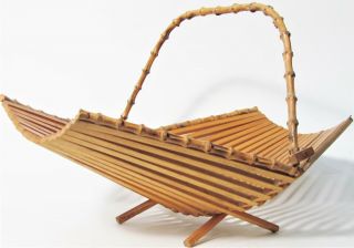 Vintage Mid Century Modern Bamboo Wood Folding Fruit Basket Bowl With Handle