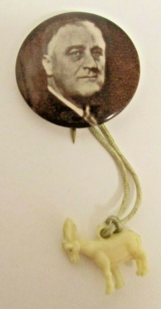 Vintage Fdr Franklin Roosevelt Sepia Pinback Campaign Pin Political With Donkey