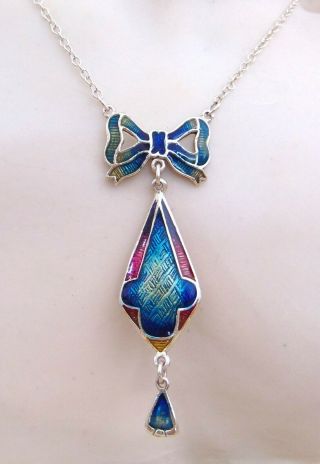 Sterling Silver And Enamel Necklace Chain Bow Vintage Jewellery Art Nouveau
