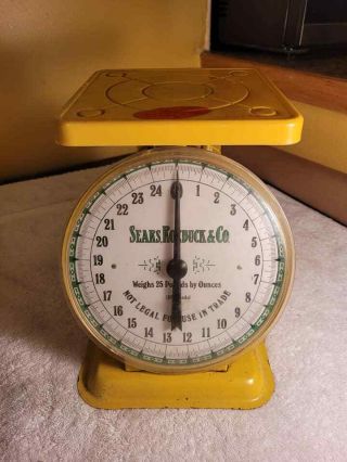Vintage Sears Roebuck 25 Lb.  Kitchen Scale & Tray Yellow Farmhouse /sn1901