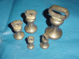 5 Antique Set Graduated Kitchen Scale Brass Bell Weights 1 Ounce To 1 Pound