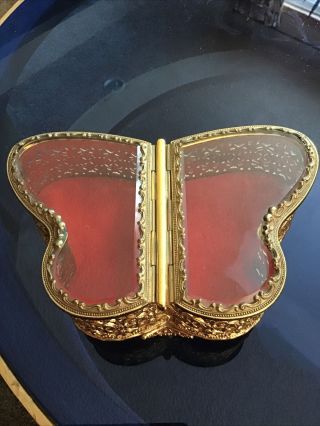 Vintage Butterfly Gilt Ormolu Filigree Jewelry Casket Red Velvet Glass Wing Top