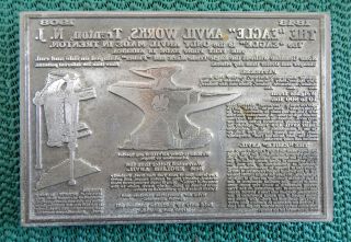 Vintage Printing Plate Advertising Fisher Eagle Blacksmith Anvils
