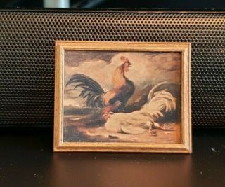 Vintage Dollhouse Miniature Artisan Signed Oil Painting French Country Roosters