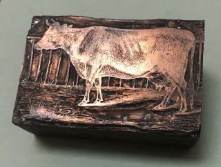 Vintage Engraved Copper & Wood Printing Block Of Cow Farm Livestock Antique