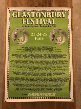 Vintage Glastonbury 1995 Festival Poster 3ftx2ft Oasis Stone Roses Cure