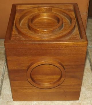 Vintage Dansk Teak Wood Cube Ice Bucket With Circle Designs Weighs 6 Lbs