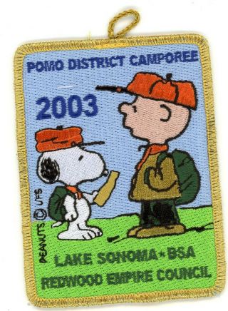 Snoopy & Charlied Brown Bsa Camporee Patch 2003 Gold Border Pomo District