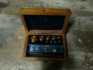 8 Vintage Antique Brass Balance Scale Weights With Wooden Box.
