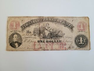 1862 Virginia Treasury Note; Obsolete Note One Dollar 1