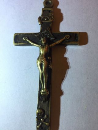 Brass Crucifix Jesus Cross God Ebony Skull Rare Antique 3 1/2 Inch