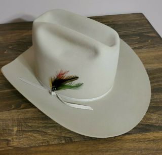 Vintage Stetson Cowboy Hat 7x Beaver Silverbelly W Feather Size 7 1/8 Box
