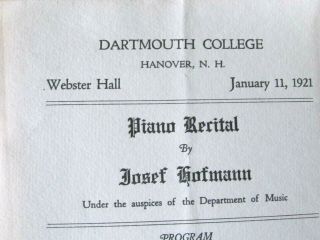 1921 Dartmouth College Music Concert Program Famous Pianist Josef Hofmann