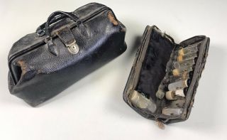 Vintage Kruse 14 26 Cow Hide Leather Doctor Bag With Medical Glass Vials Medic
