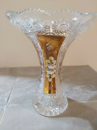 Vintage 10 " Bohemian Crystal Vase Gold & Flower Accents
