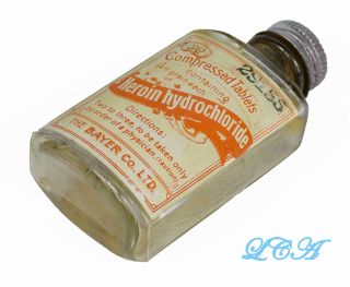 Antique Bayer Heroin Tablets Bottle Bim Oldest Style W/ Bayer Cross - 1904
