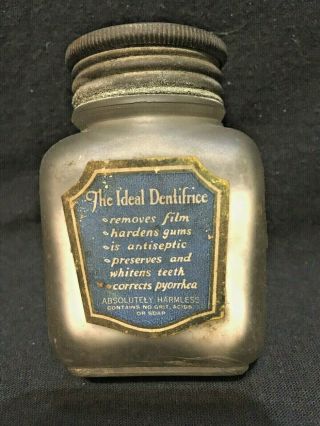 Antique Dental Tooth Powder Bottle,  Tin Top,  100 Years Old,  W/contents,  Dentist.