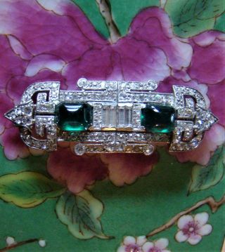 Emerald Stoned Coro Duette.  Vintage Dress Clips And Brooch Convertible
