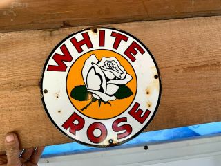 Vintage White Rose Motor Oil Porcelain Gas Pump Sign