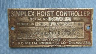 1925 Brass Simplex Hoist Controller Duro Metal Products Mining Equipment Tag