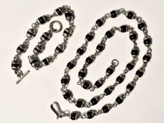 Vintage Mexico Sterling Silver And Black Onyx Bead Necklace & Bracelet Set