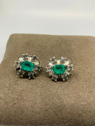 Vintage Silver Tone Jomaz Green And Clear Rhinestone Clip On Earrings