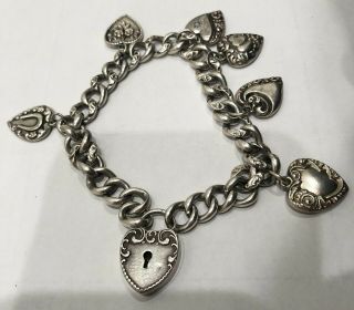 Puffy Heart Charm Bracelet Sterling Silver Vintage 100 Years Old