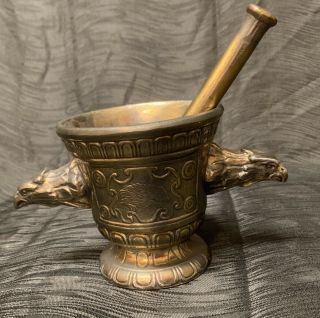 Vintage Heavy Brass Apothecary Mortar And Pestle Eagle Head Handles Rare Ornate