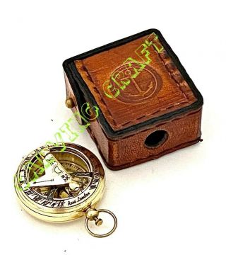 Brass Sundial Compass - Push Button Pocket Compass Nautical Gift - W Leather Box