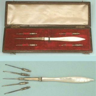Antique Cased Mother Of Pearl & Sterling Silver Crochet Hook Set Circa 1860