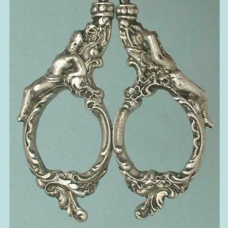 Ornate Antique Sterling Silver Embroidery Scissors W/ Cherubs Circa 1890s