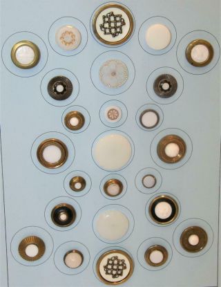 25 Antique Clambroth,  Milk Glass Brass Designs Sewing Buttons Collector Card A,