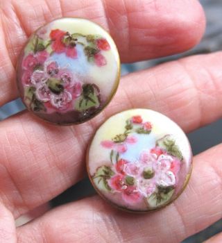 Set Of 2 Antique Porcelain Hand Painted Stud Buttons Pink Flowers 7/8 "