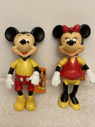 Vintage Disney Mickey & Minnie Mouse Figures With Tags Articulated Hong Kong