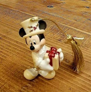 Disney Mickey Mouse In Tan Tux Top Hat Holly Holding Red Bow Present Ornament