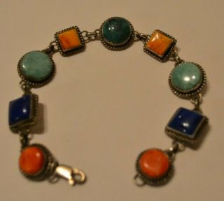 Vintage Nez Navajo Native American Indian Sterling Multi - Stone Charm Bracelet