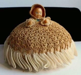 Vtg Antique Celluloid Baby Doll Crocheted & Ribbon Dress Pin Cushion Arms Bonnet