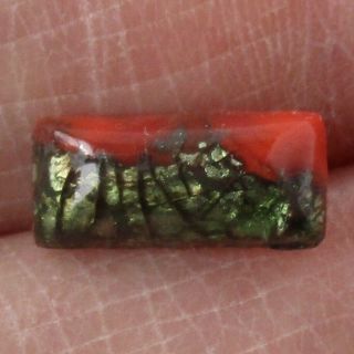 Antique Rectangular Shaped Green & Red Leo Popper Glass Button