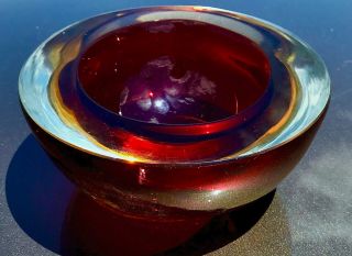 Vintage Deep Red And Gold Murano Sommerso Cased Art Glass Geode Bowl 1960 