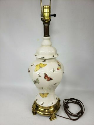 Vintage Asian Butterfly Ginger Jar Vase Table Lamp Ceramic Art & Brass 30 " Tall