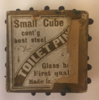 Antique Small Cube Toilet Pins Box Black Glass Heads Germany Sewing