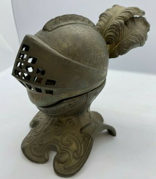 Vintage Knight Inkwell French Figural Victorian Medieval Gothic Face Plumed Hat