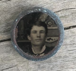 Antique Tintype Ferrotype Waistcoat Photo Button Brass Of Young Man Mourning Vtg