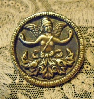 Antique Victorian Button Brass Hindu Topless Girl With Wings - 1 - 3/8 "
