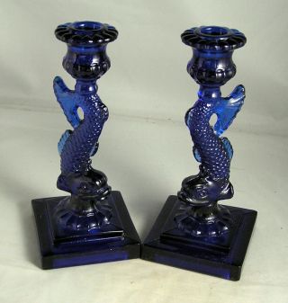 Vintage Imperial Glass Cobalt Blue Dolphin / Koi Fish 9 " Candlesticks Exc.