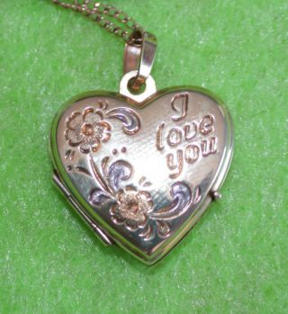 Vtg 14k Gold " I Love You " Puffed Heart Two Picture Locket Pendant 17.  5 " Necklace